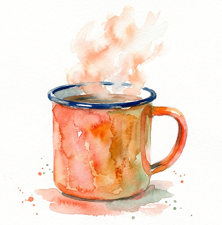 Aquarelle d’une tasse émaillée de camping fumante