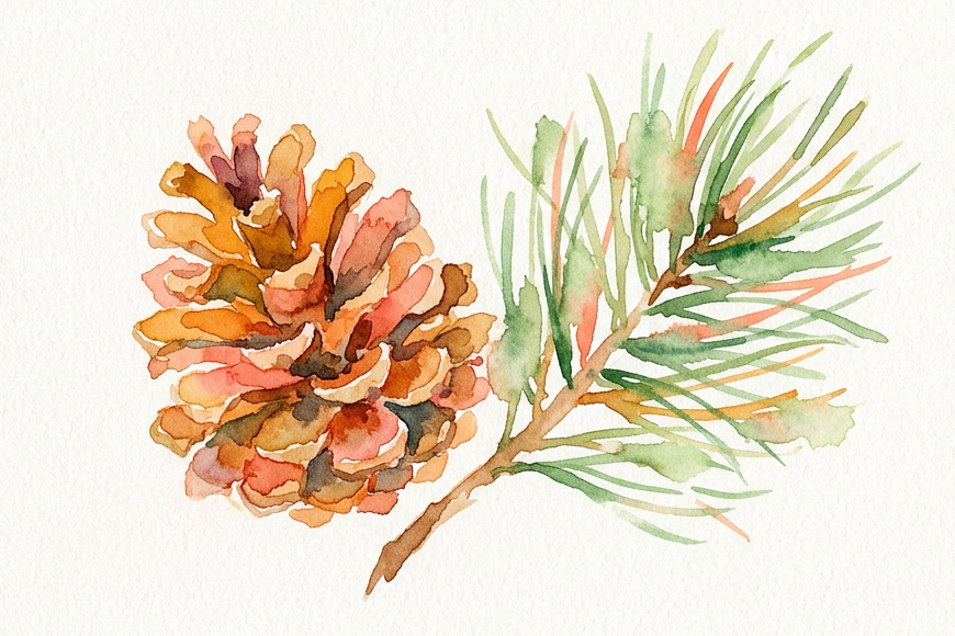 Aquarelle d’une pomme de pin et d’une branche de pin