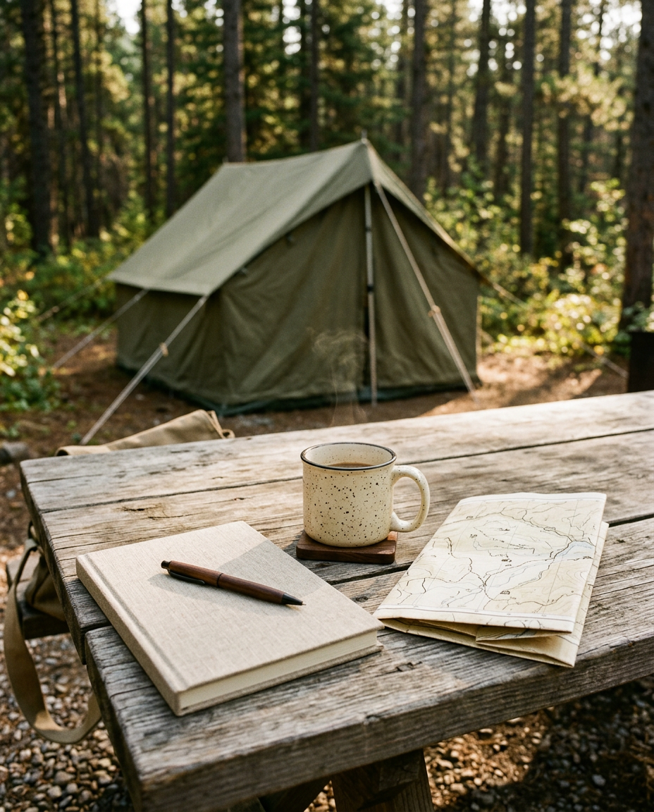 Image d’exemple : un carnet, un stylo et une tasse tachetée sur une table de pique-nique patinée devant une tente verte