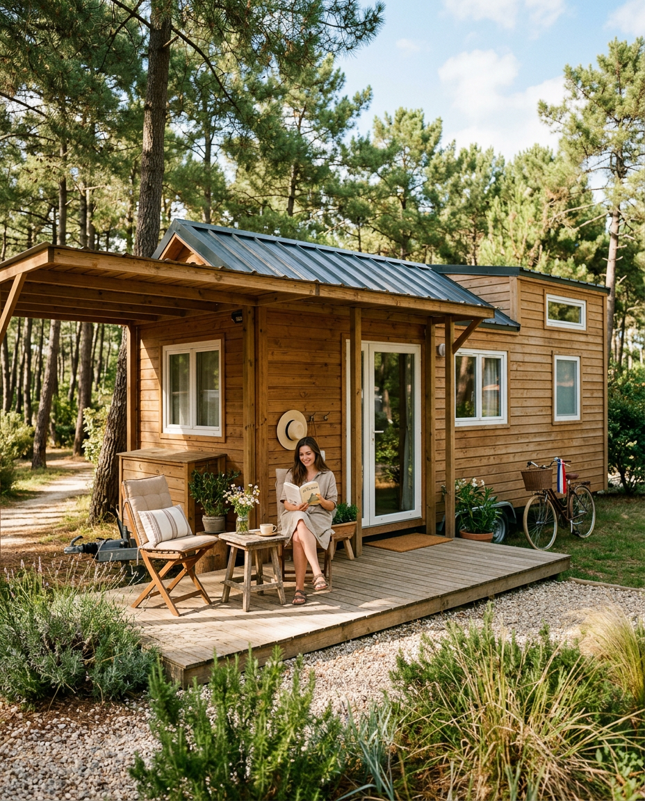 Image d’exemple : un mobil-home en bois avec une terrasse parmi les pins, une femme qui lit sur la terrasse
