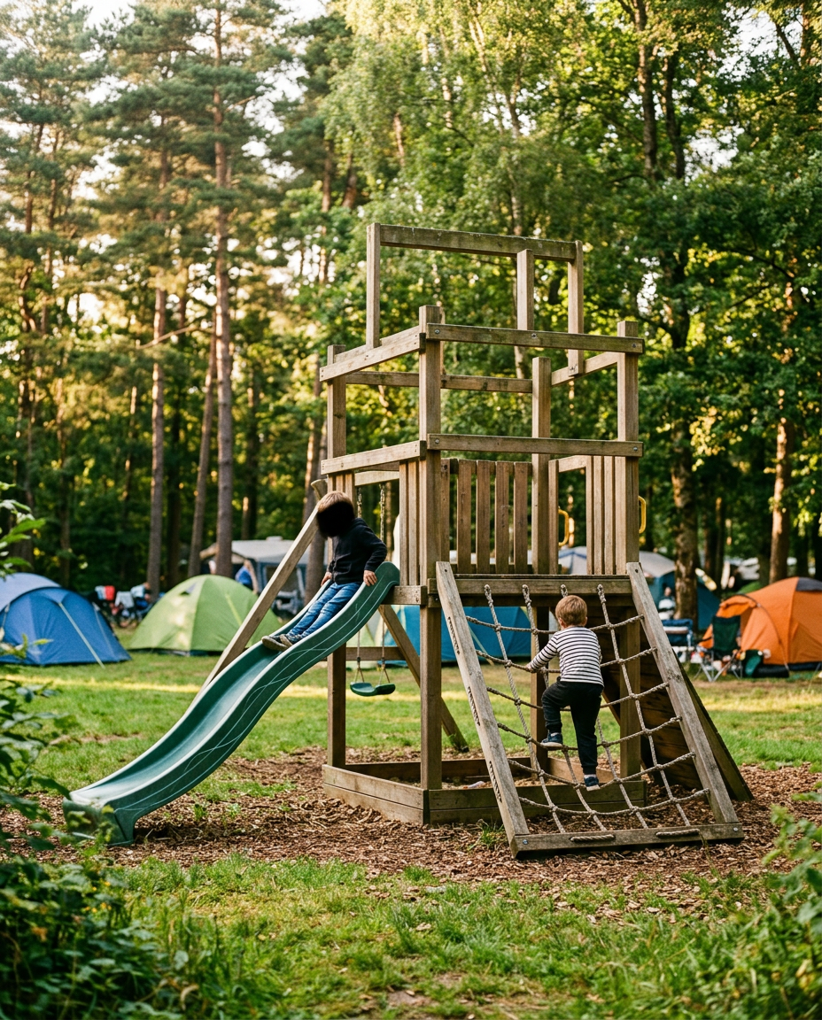 Image d’exemple : une structure d’escalade en bois avec un toboggan vert sur un camping, des tentes en arrière-plan