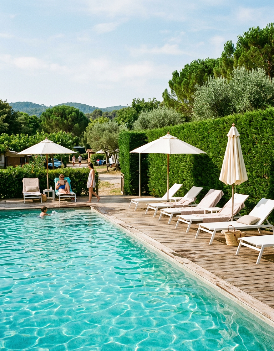 Image d’exemple : une piscine turquoise de camping avec des transats et des parasols blancs près d’une haie verte