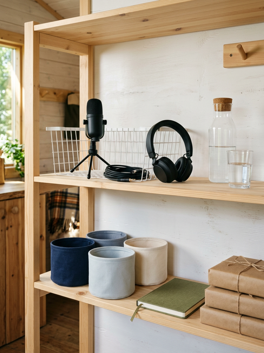 Étagères en bois clair dans une cabane de camping : un panier en fil métallique blanc avec un micro, un casque et un câble, une carafe en verre, des paniers en tissu et des colis emballés