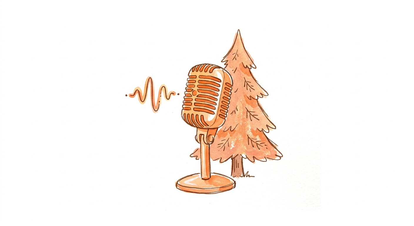 Aquarelle d’un micro vintage à côté d’un pin
